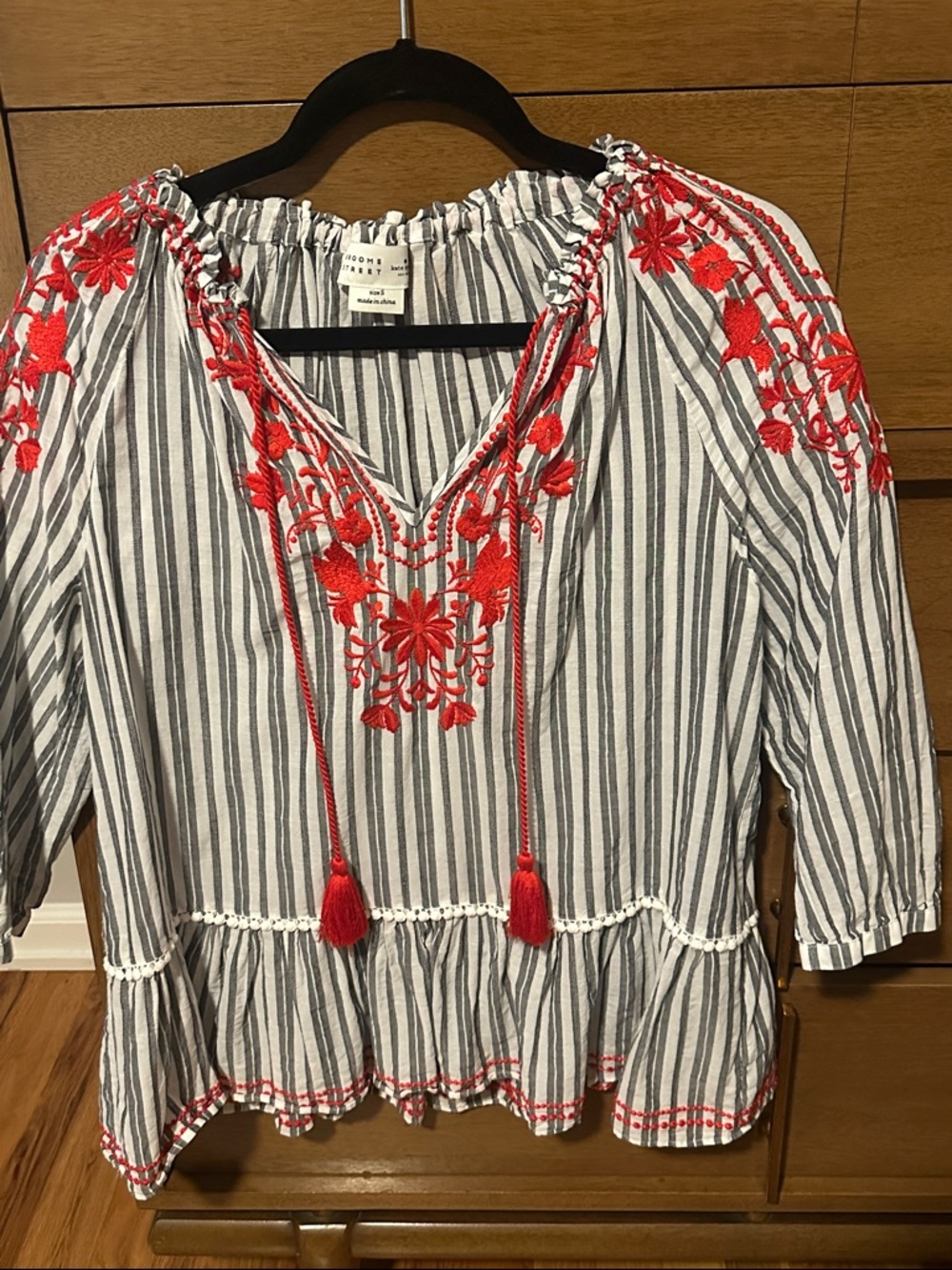 Embroidered Striped Peasant Blouse with Red Accents